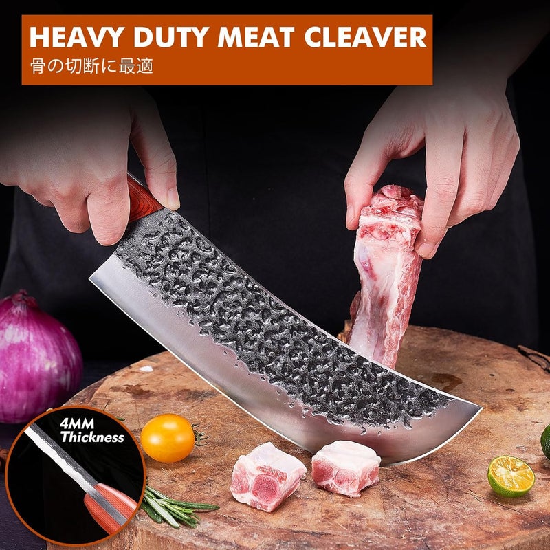 KITNATS Professional Butcher Knife Set, Hand Forged Heavy Duty Meat Cleaver Serbian Chef Knife Viking Boning Knife 3PCS Kitchen Set for Meat Cutting Home Kitchen Outdoor Camping BBQ Cooking Gift for Men - Image 2